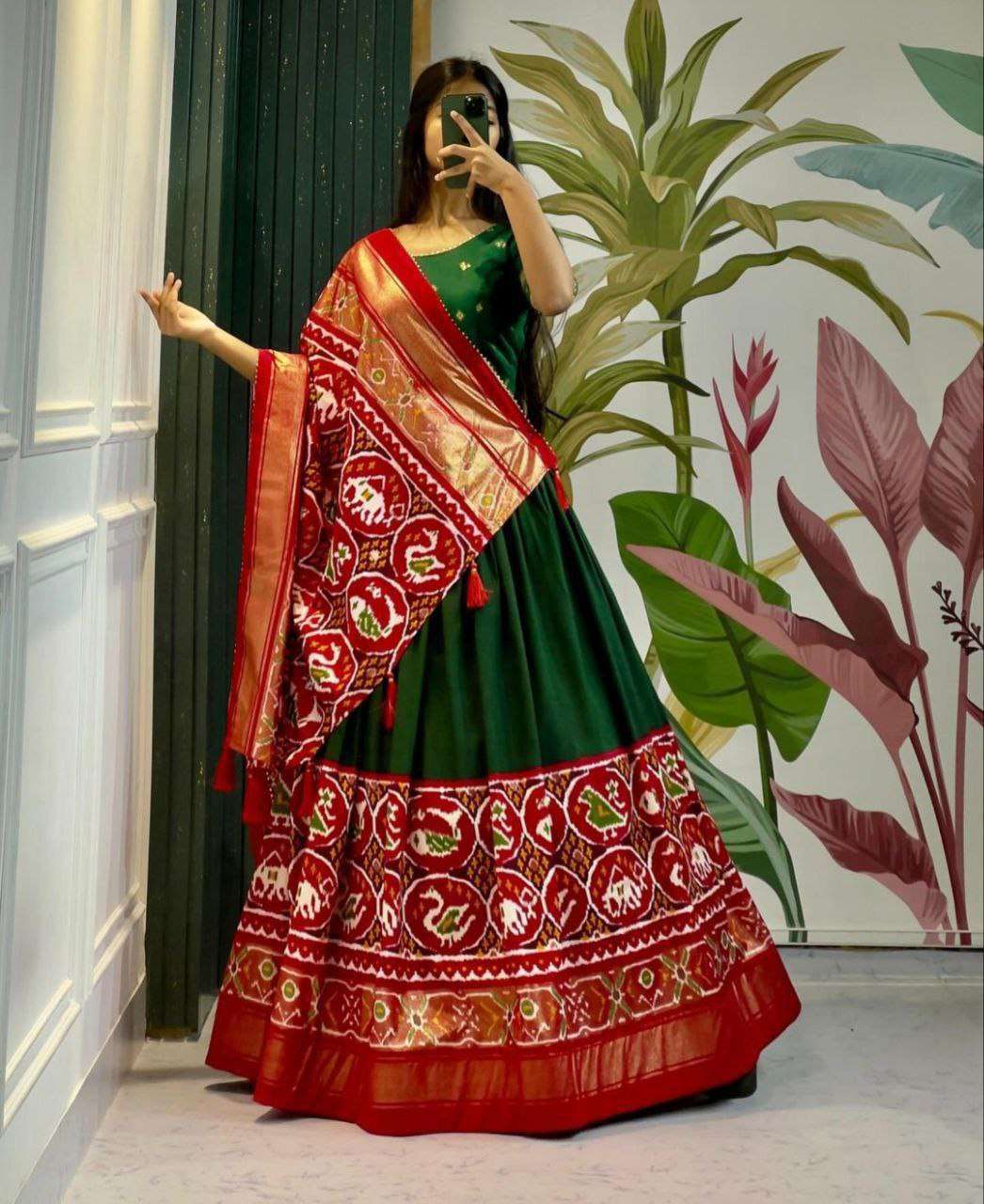 Women's Stitched Tussar Silk Patola Print Lehenga Choli Dupatta Set - Image 3